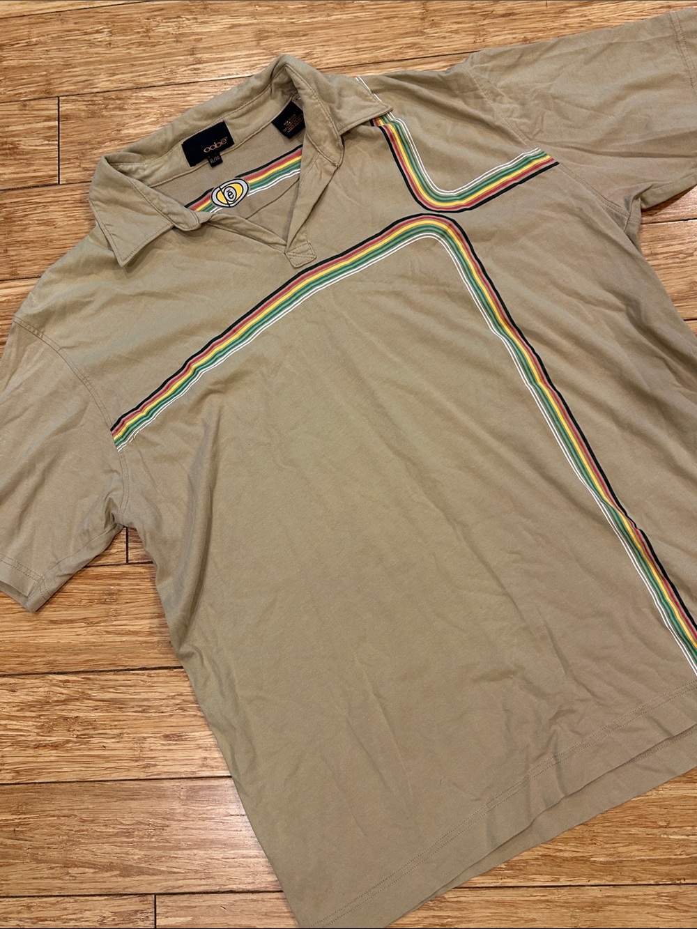 oobe Tan Retro Short-Sleeve 70’s Polo w/Multicolor Stripe Detail XL